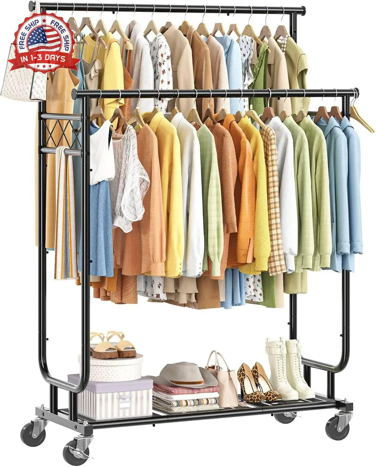 Ekisemio Heavy Duty Clothes Rack, Rolling Clothing Rack With Shelves Load 450 LB gallery