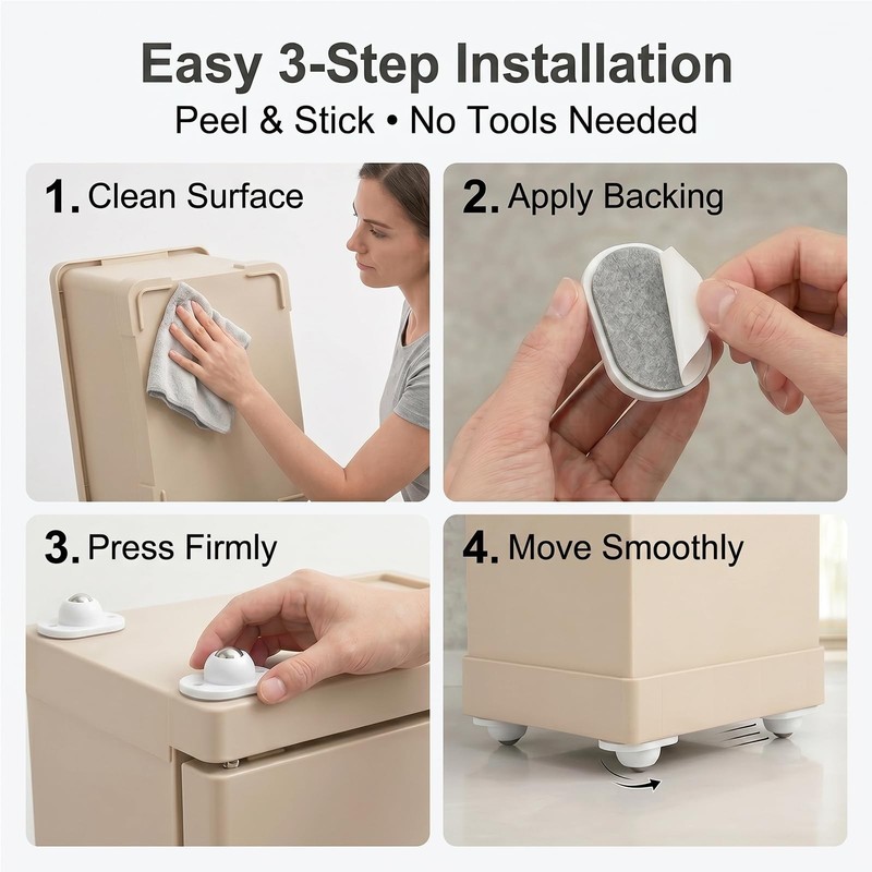 8 White Self-Adhesive Mini 360° Swivel Casters, Silent, Non-Scratch, 66lb gallery