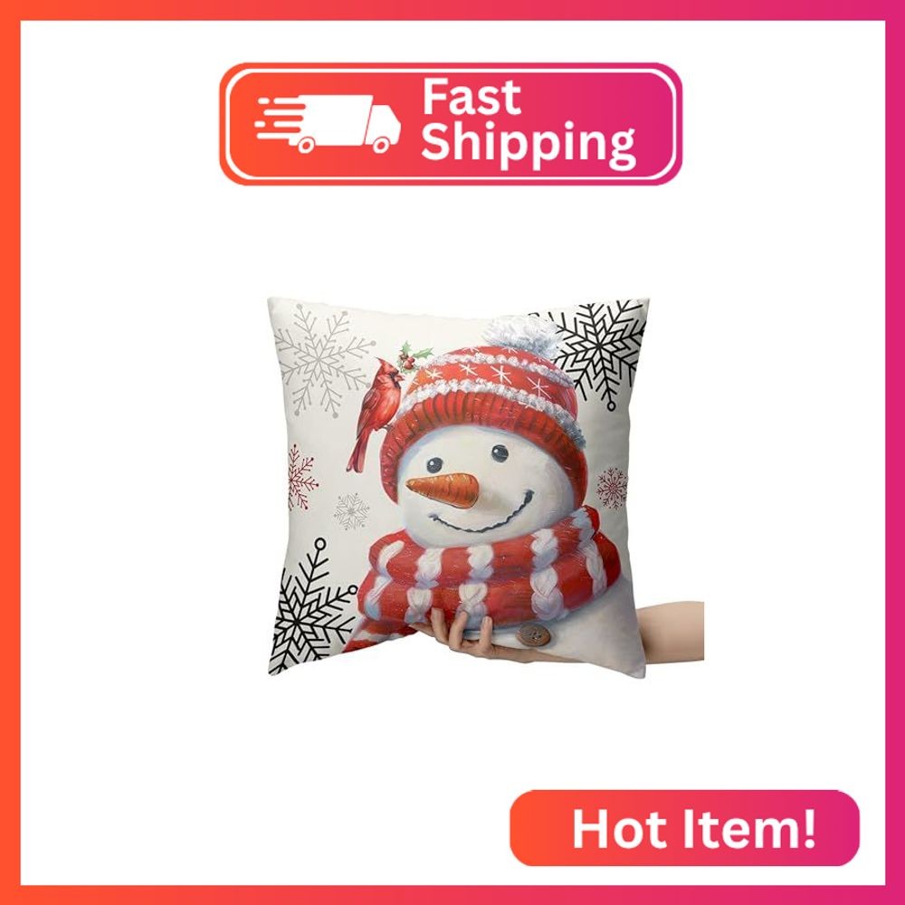 Kwlegh Red Snowman with Cardinal Bird Pillow Covers 24x24 Christmas Holiday Thro gallery