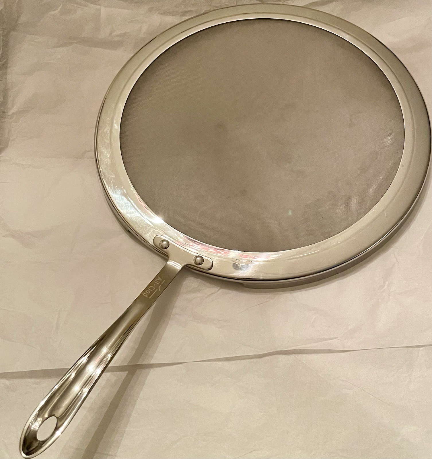 All-Clad Splatter Screen 13” Stainless Steel Grease Oil Mesh Guard Curved Handle gallery