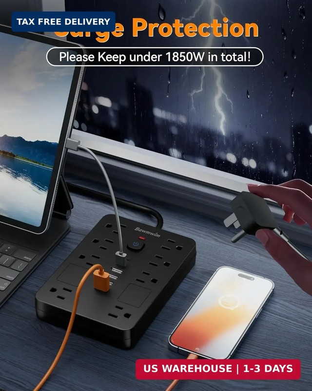 Surge Protector Power Strip - 8 Outlets(1850W/15A/14AWG) with 6 USB Ports(2 USB gallery