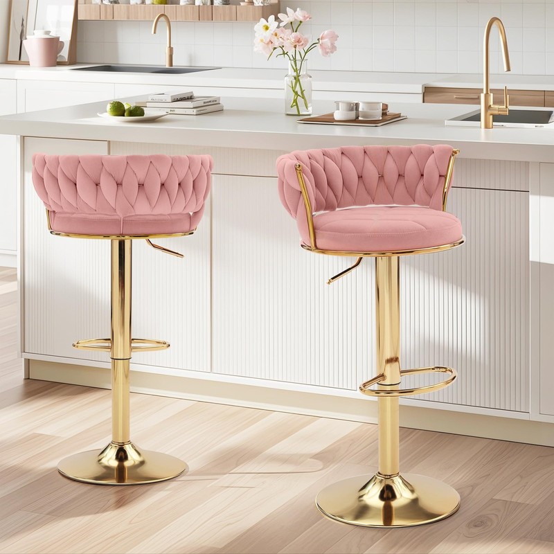 2 PCS Bar Stools Adjustable Counter Height Velvet Woven Kitchen Island Pink gallery