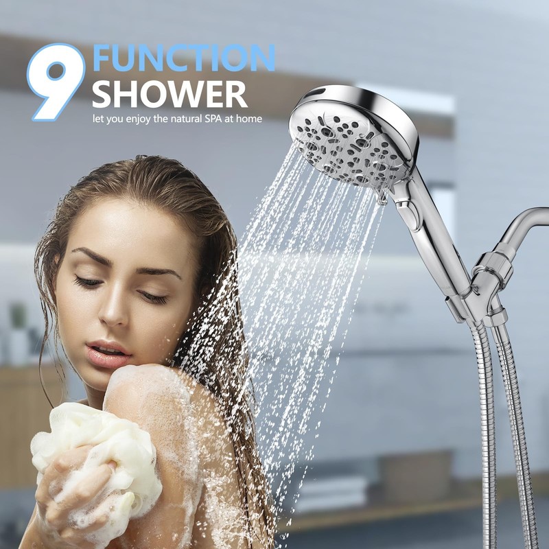 Handheld Shower Head 9-Setting High Pressure 4.5in Spray Face 79in Hose - Ideal gallery