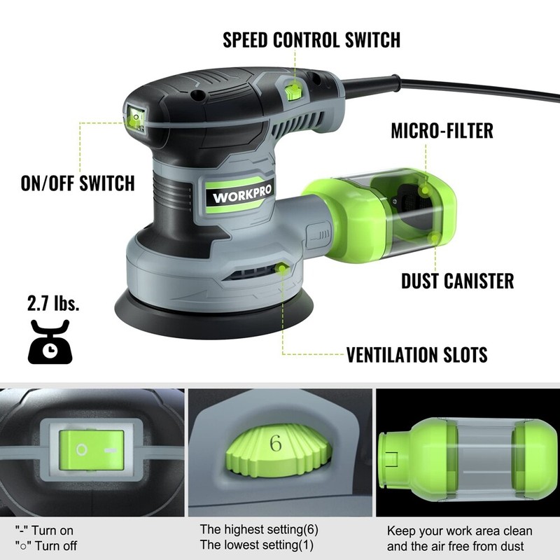 WORKPRO 5" Random Orbit Sander 6 Variable Speeds Sander 7000 to 14000 RPM 2.5Amp gallery