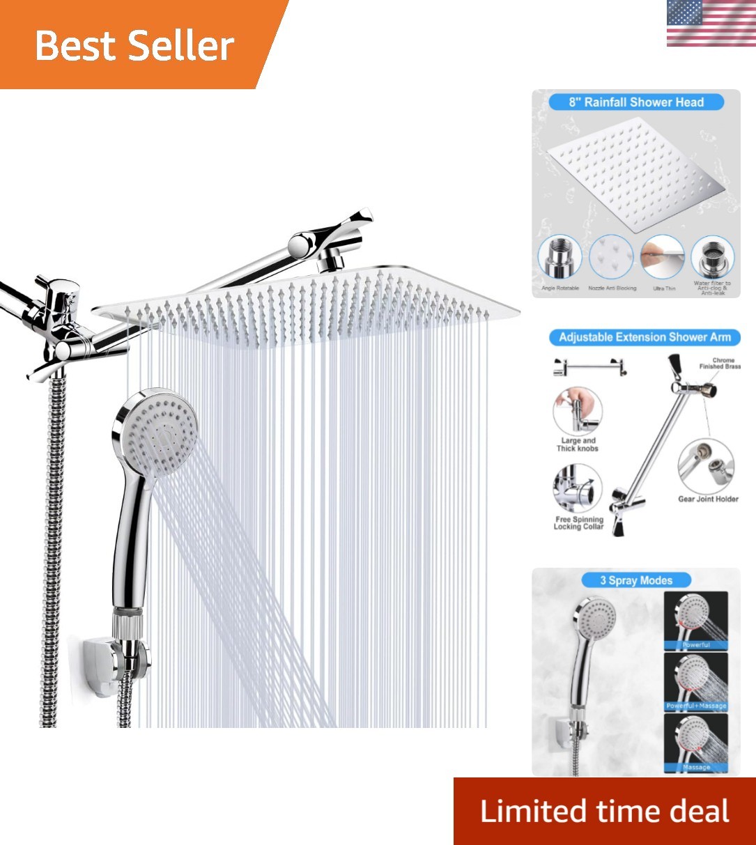 Elegant 12-Inch Shower Head Set - Rainfall, Handheld, and Extensions Included gallery