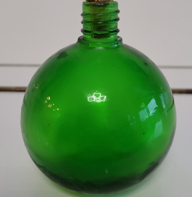 EMERALD GREEN ROUND MINI DECORATIVE BOTTLE RED CORKED STOPPER 4 INCHES 4 OZS gallery