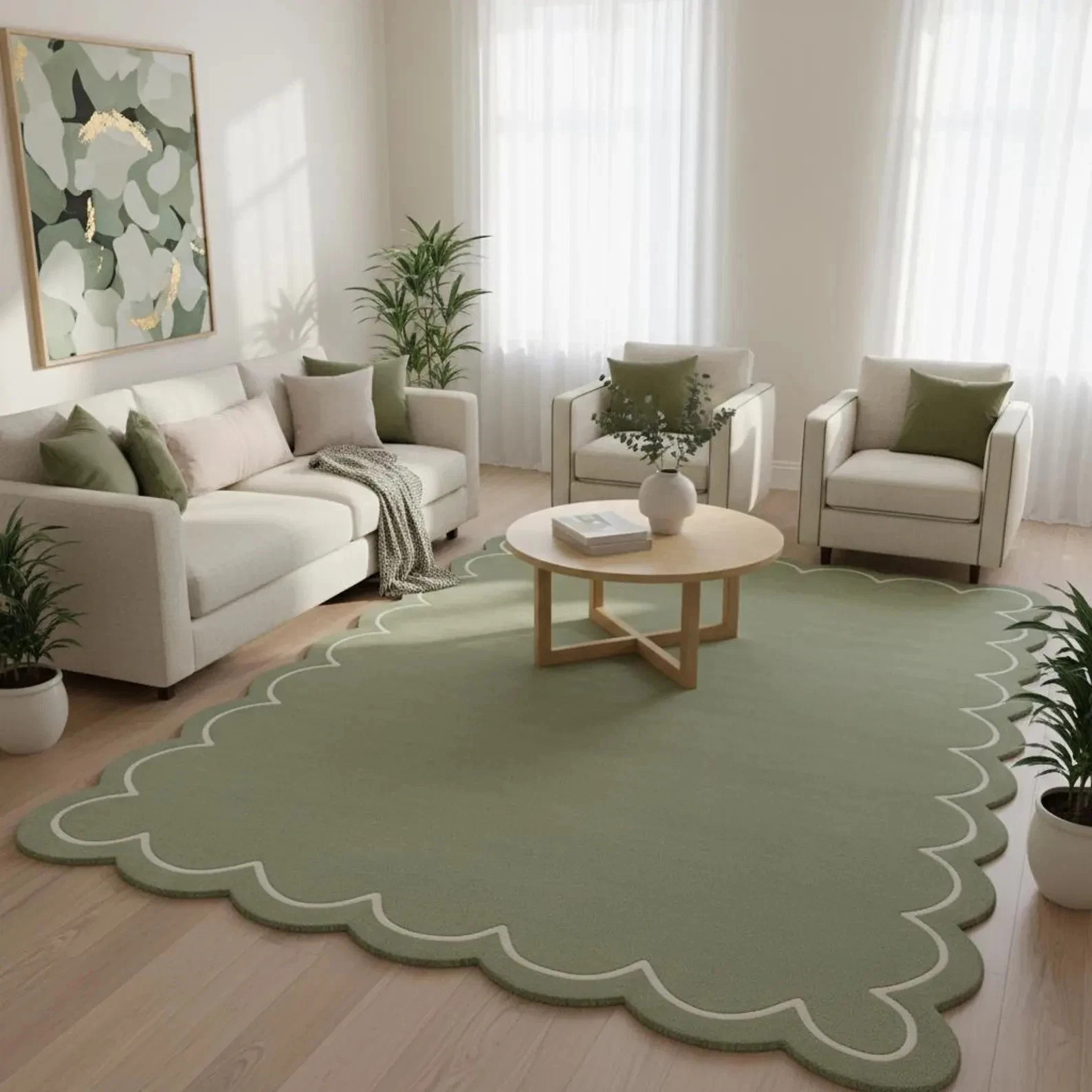 Soft Sage Scallop Edge Hand-Tufted Pastel Green Modern Edge Rug, Soft Rug gallery