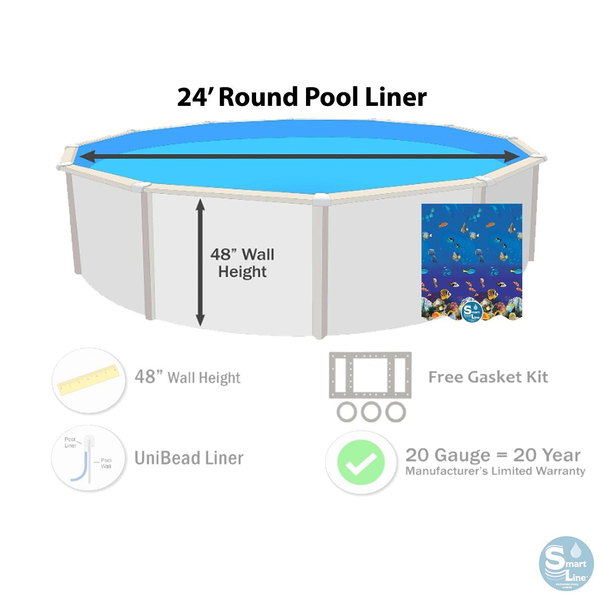 SmartLine 24' x 48” Round Unibead 20 Gauge Swimming Pool Liner - Choose Pattern gallery