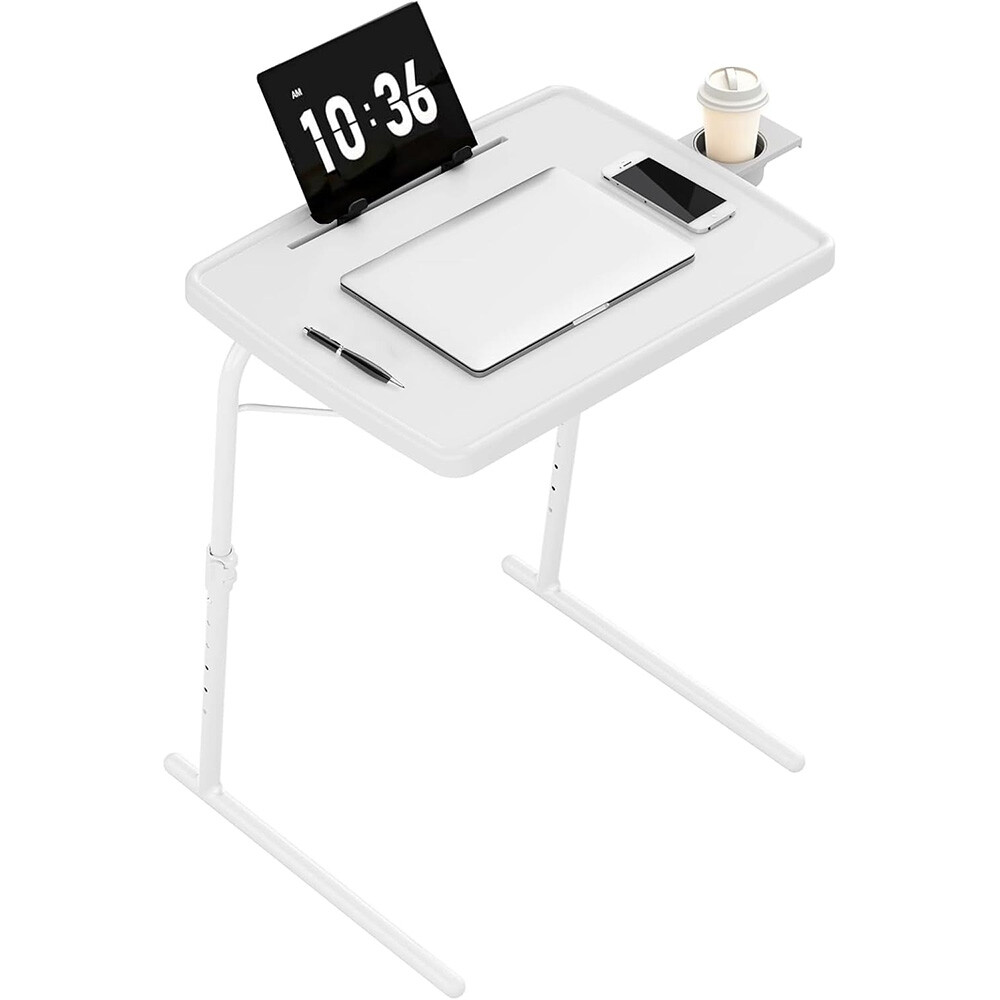 16.9"×22" White Adjustable TV Tray Table with Book Stand Cup Holder Tablet Slot gallery