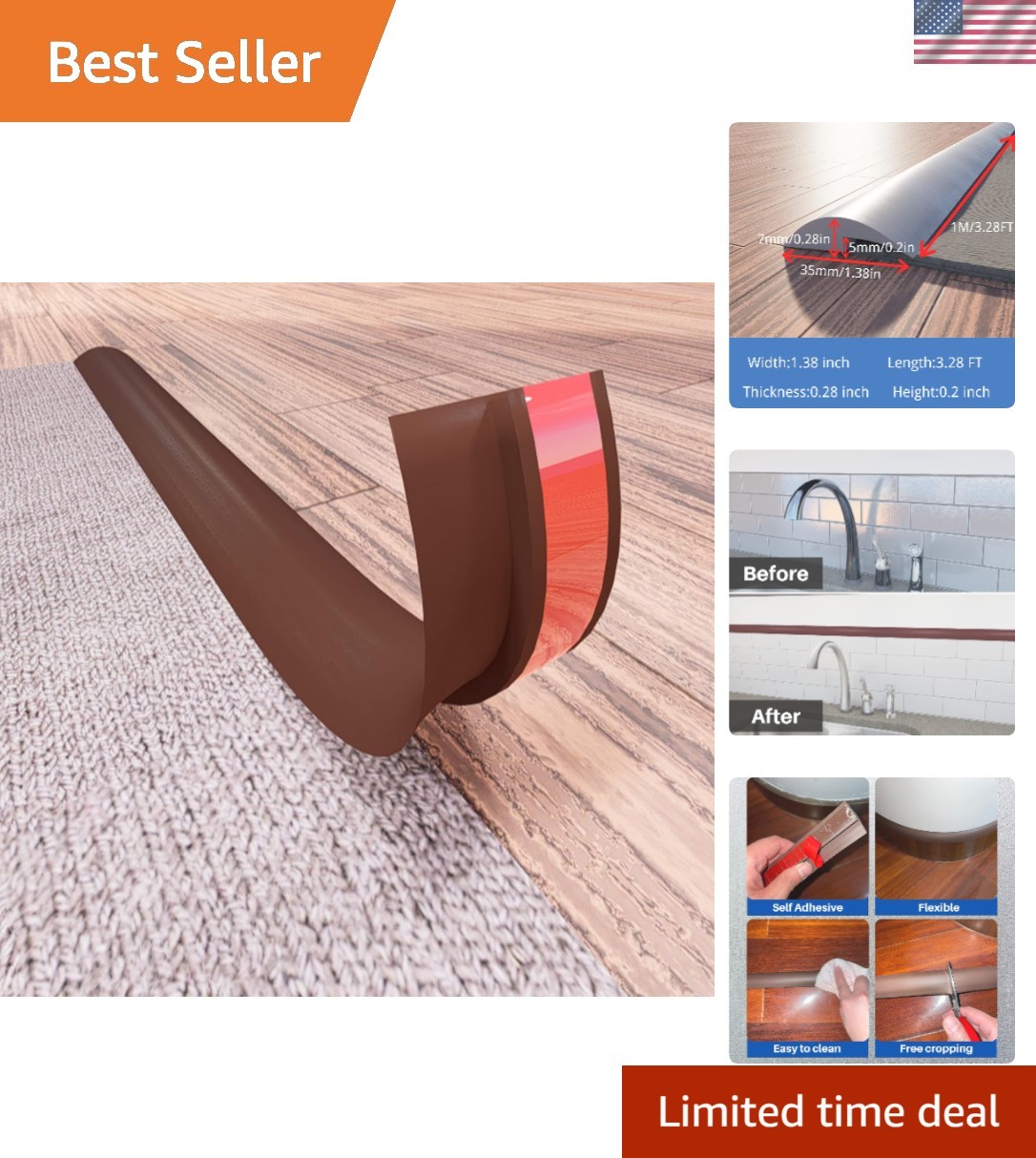 High-Quality 3.28FT PVC Transition Strip - Odorless and Waterproof for Home Use gallery