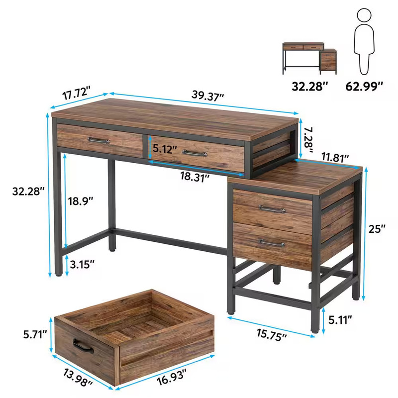 51 In. Rustic Brown Rectangle 5-Drawer Computer Desk, Industrial Desk with Rever gallery