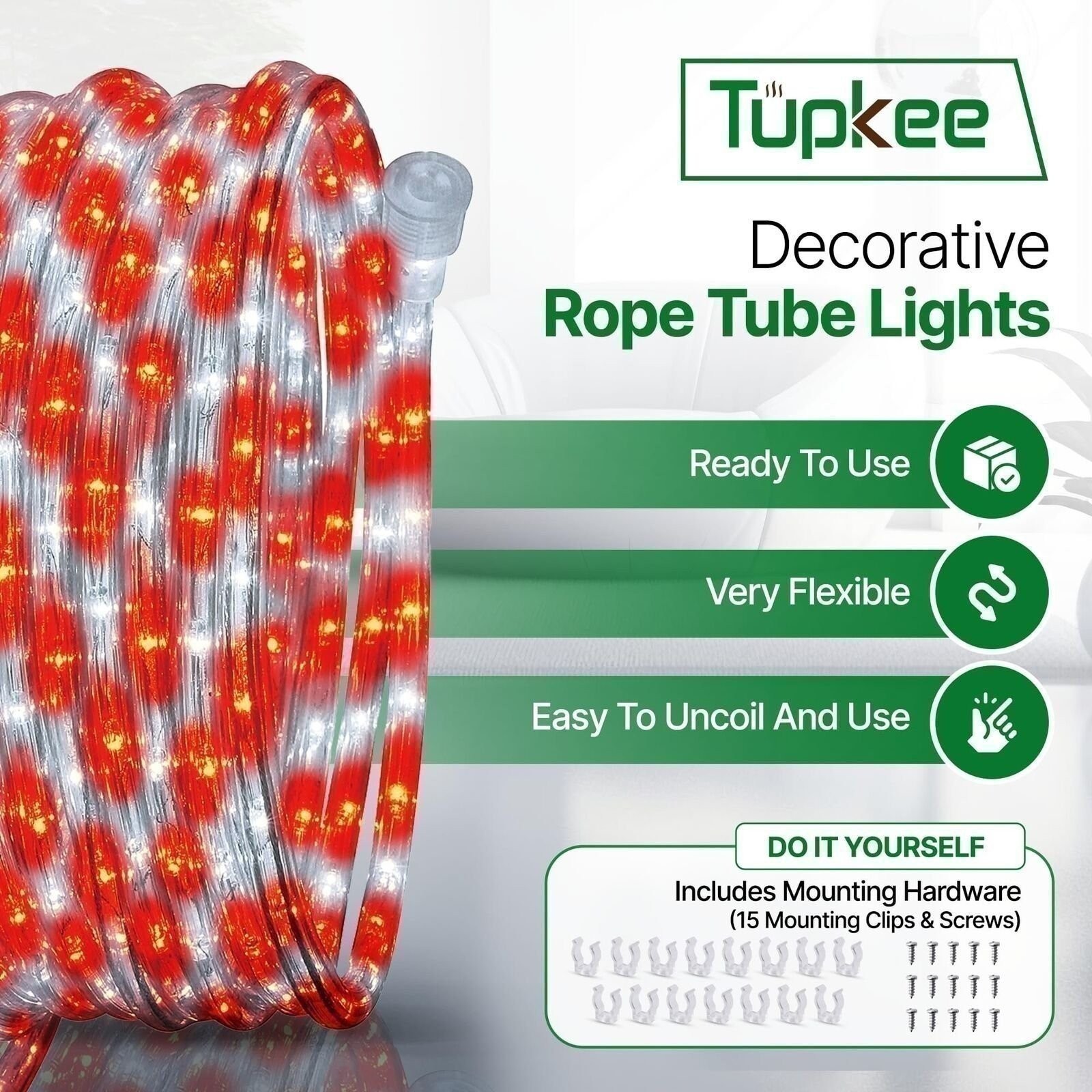 Tupkee LED Rope Light Red & White - Candy Cane Peppermint - 24 Feet, Tube Lights gallery
