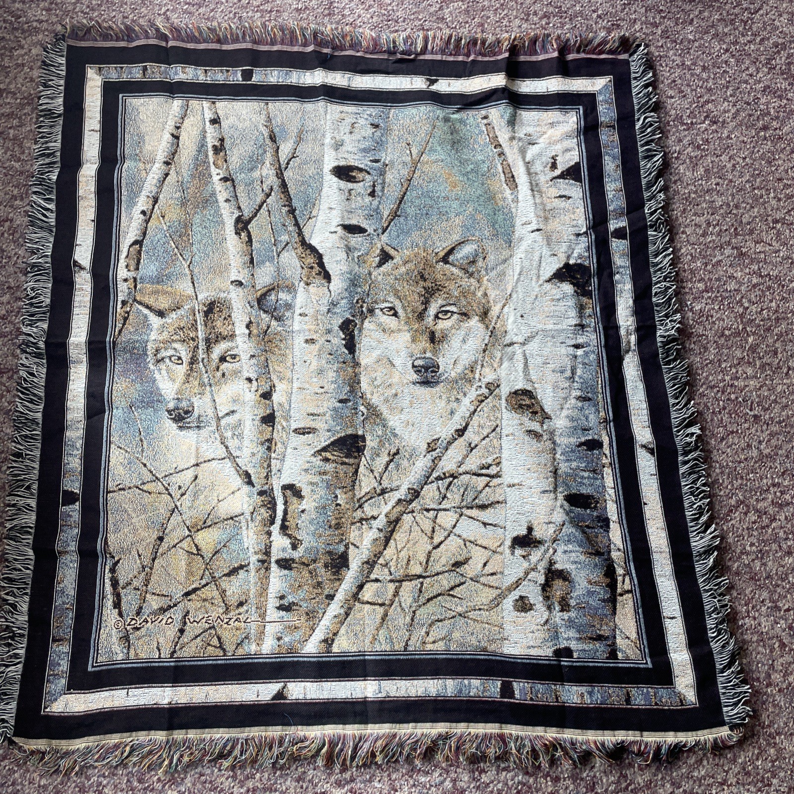 Wolf In Birch Trees Throw Blanket Afghan 50”x57" Tapestry David Wenzal gallery