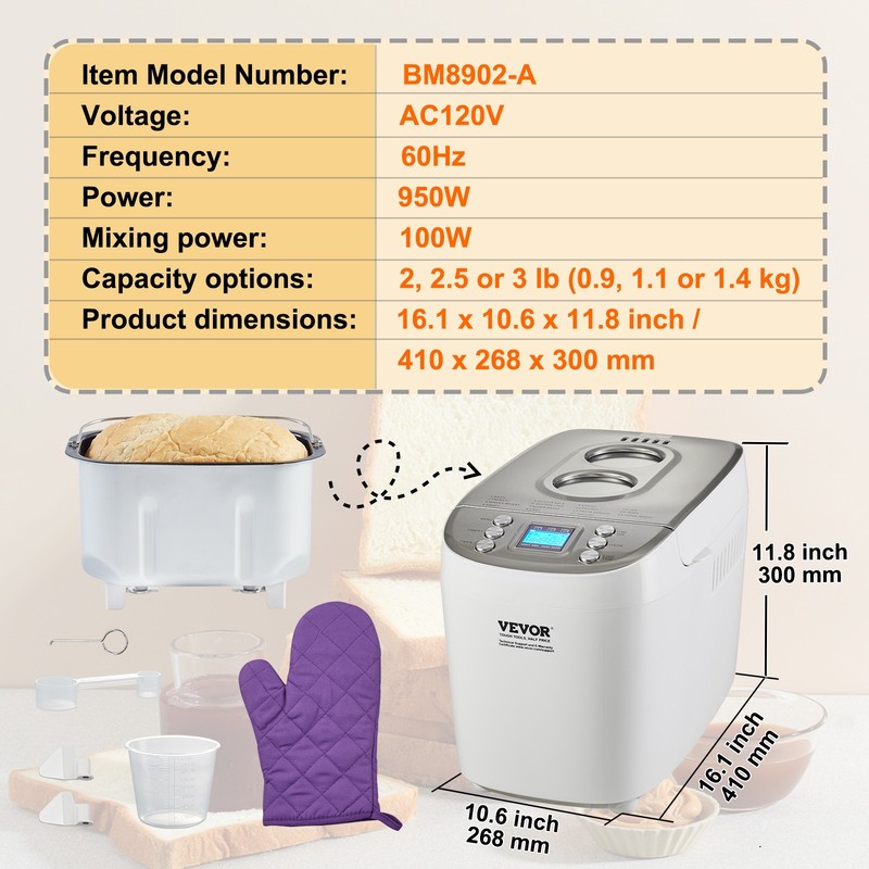 VEVOR 3LB 15-in-1 Bread Maker Automatic Compact Dough Machine Nonstick White gallery