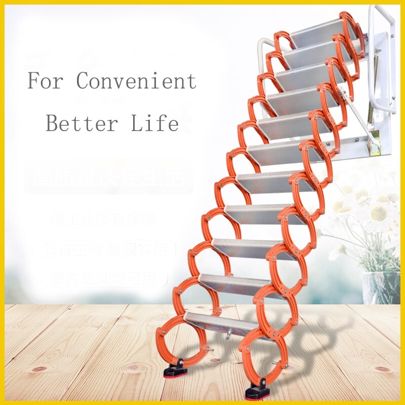 Orange Wall Mounted Collapsible Folding Ladder Loft Stairs 27.6*27.6 in Max9.8ft