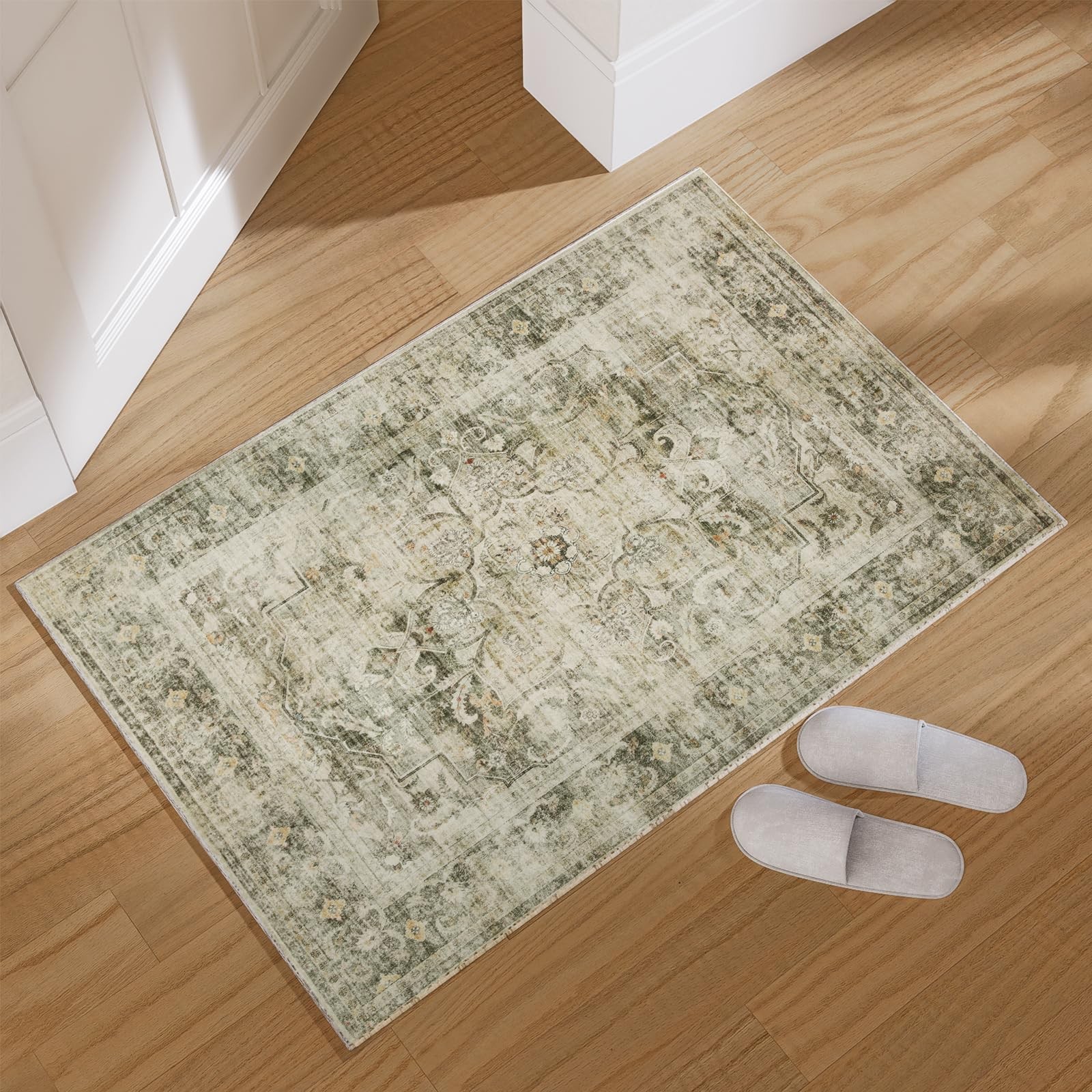2x3 Washable Area Rugs for Entryway: Small Boho 2' x 3' (Rectangular), Green gallery