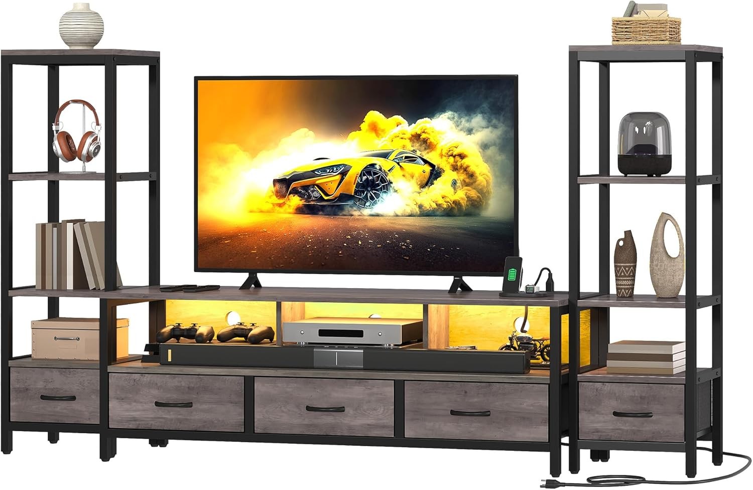 DWVO Grey 65 Inch LED TV Stand with Bookshelves gallery