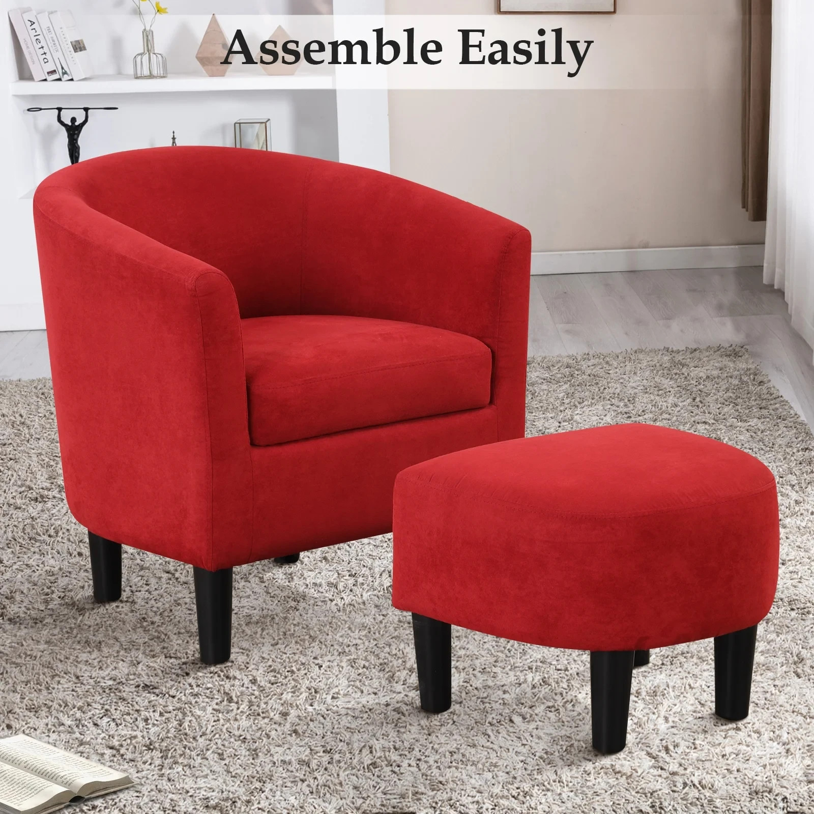 EBELLO Modern Accent Chair with Ottoman Red Upholstered Barrel Reading Chair gallery