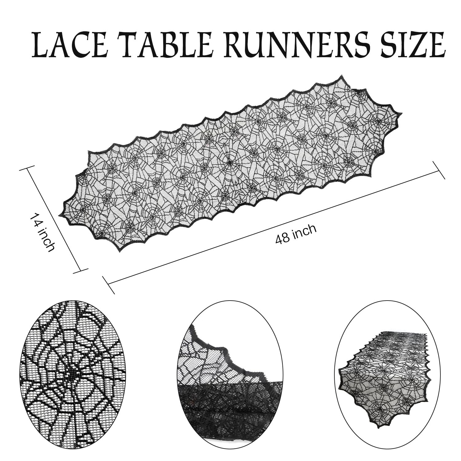 14x48 Inch Black Lace Halloween Table Runner, Spider Web, Polyester, Decor gallery