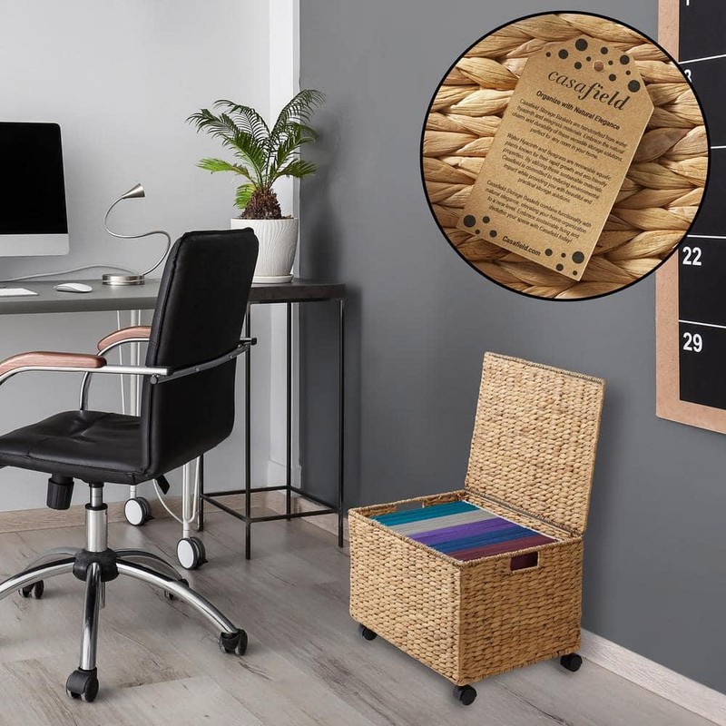 Casafield Rolling File Cabinet Storage Basket Brown Water Hyacinth Wicker Wheels gallery