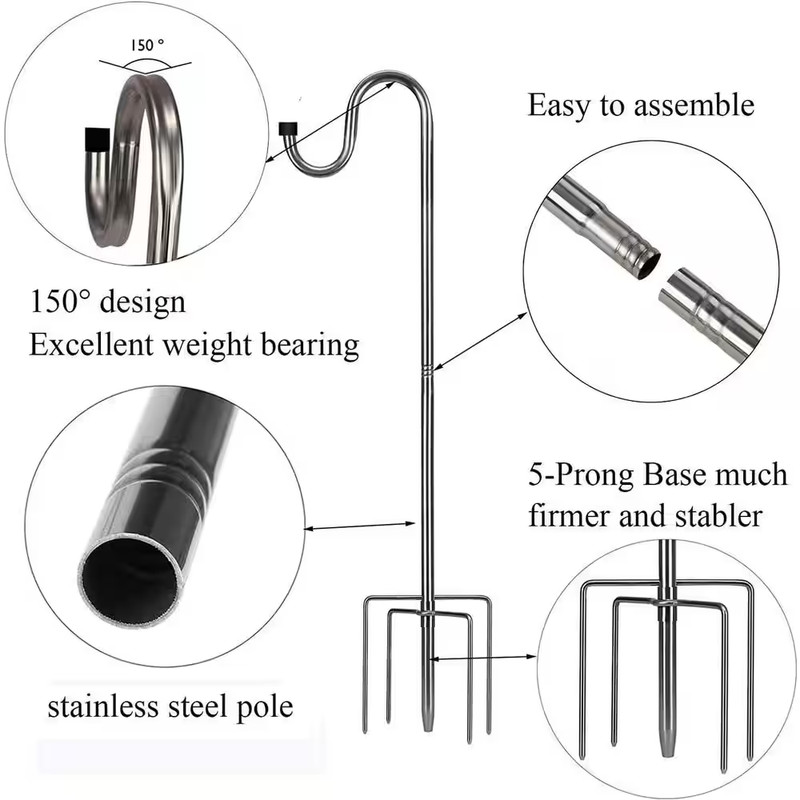 78 In. Stainless Steel Shepherds Hook for Outdoor with 5 Prongs Base for Hanging gallery