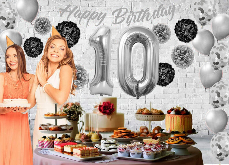 Silver & Black 10th Birthday Decorations - 40" Number Balloons &More Boy or Girl gallery