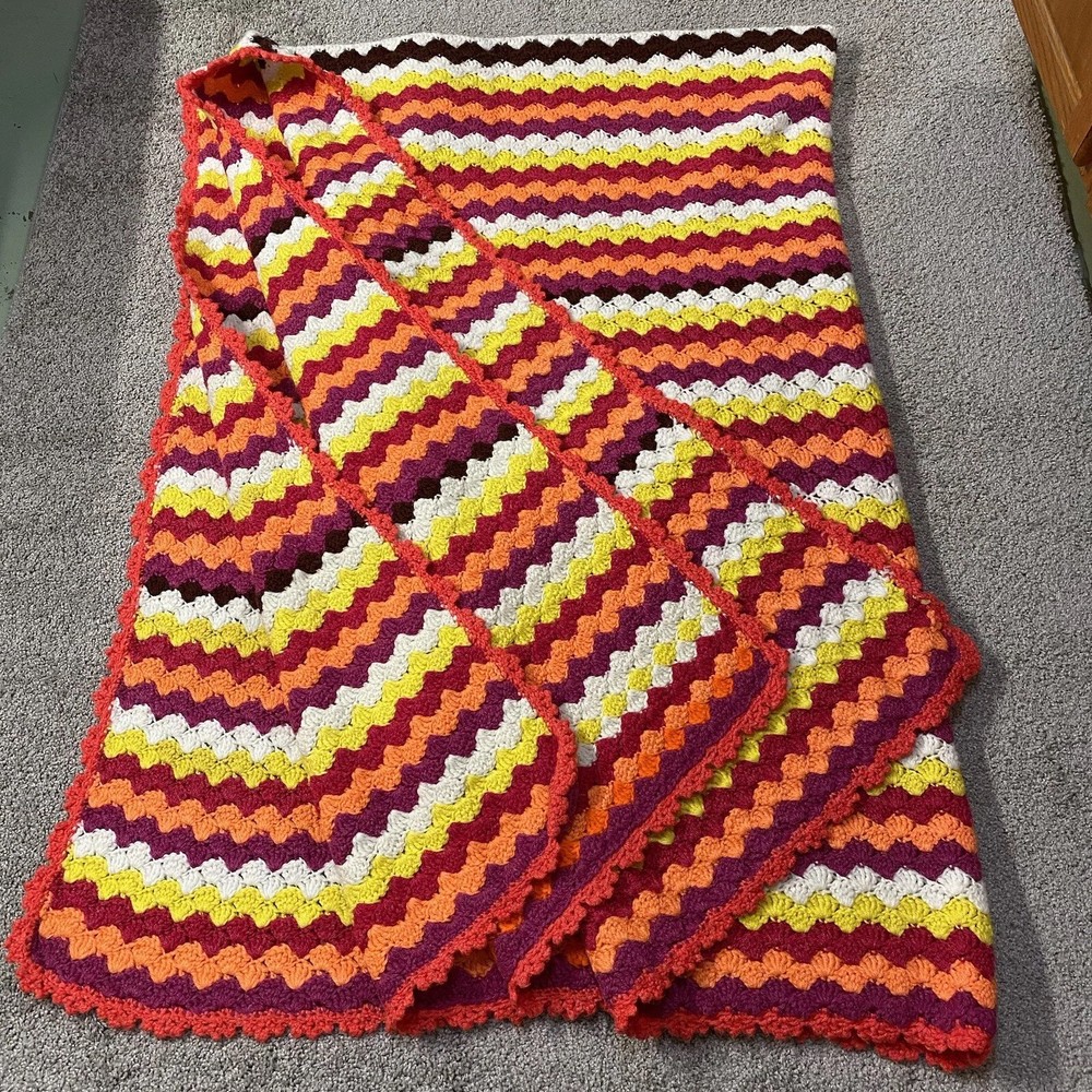 Queen Size Crocheted Blanket Bed Spread Orange Red Yellow Purple Brown