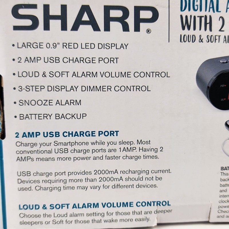 Sharp SPC547 Digital Alarm Clock w/ 2A USB Charger, Red LED, Dimmer, Snooze gallery