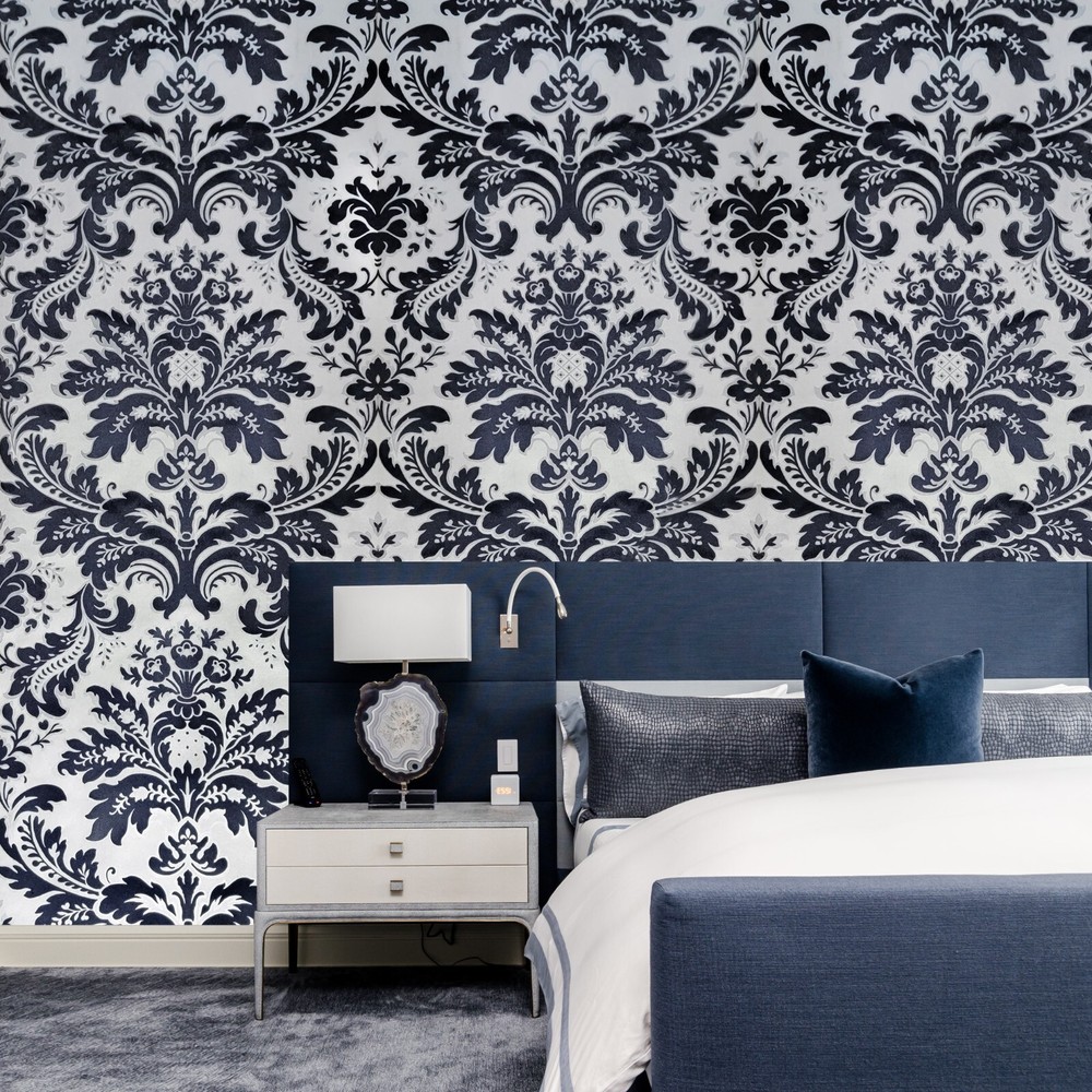 Wallpaper flocking navy blue silver gray metallic Flocked damask velvet flock 3D