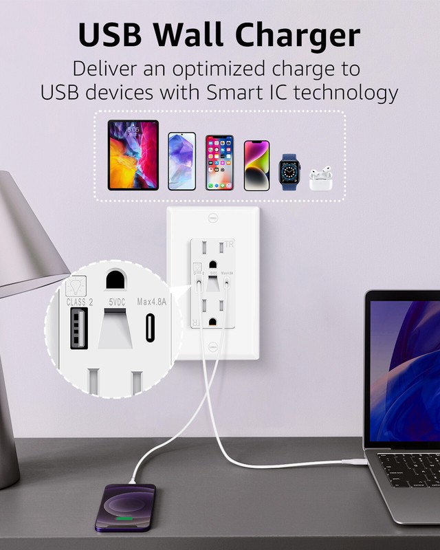 2-Pack LED Night Light Outlets, 24W USB C+A, 4.8A, Fast Charging, On/Off Switch gallery