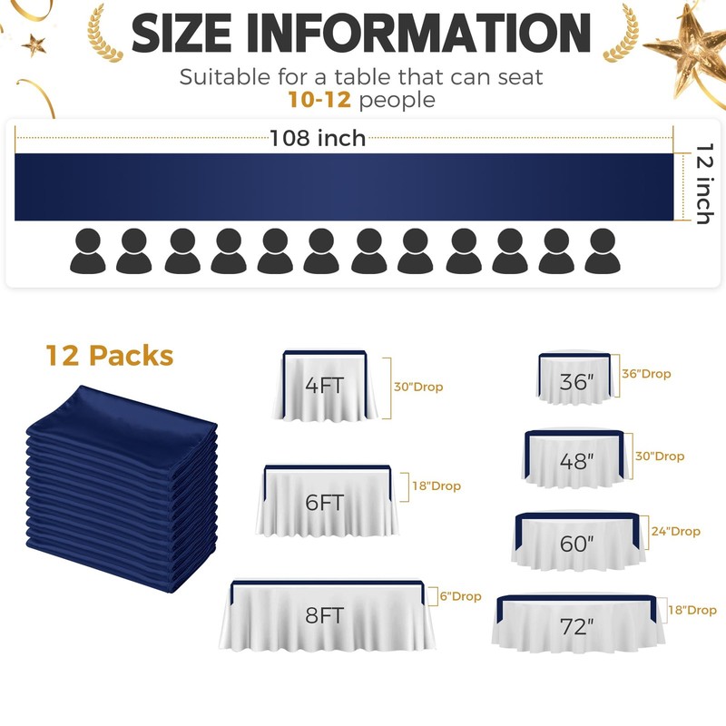 12 Pack Navy Blue Satin Table Runner 12 x 108 Inch, Dark Blue Runners for Tab... gallery