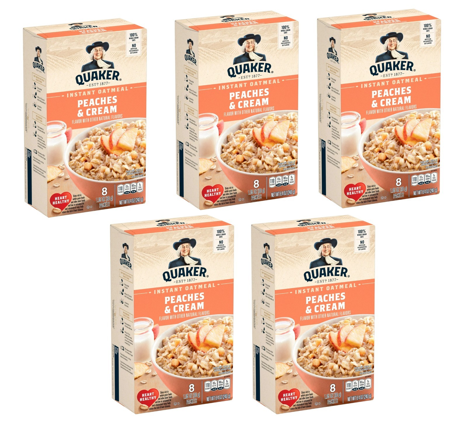 5 Pack Quaker Instant Oatmeal Peaches & Cream Flavor, 8 Packets per Box, 1.05 oz gallery