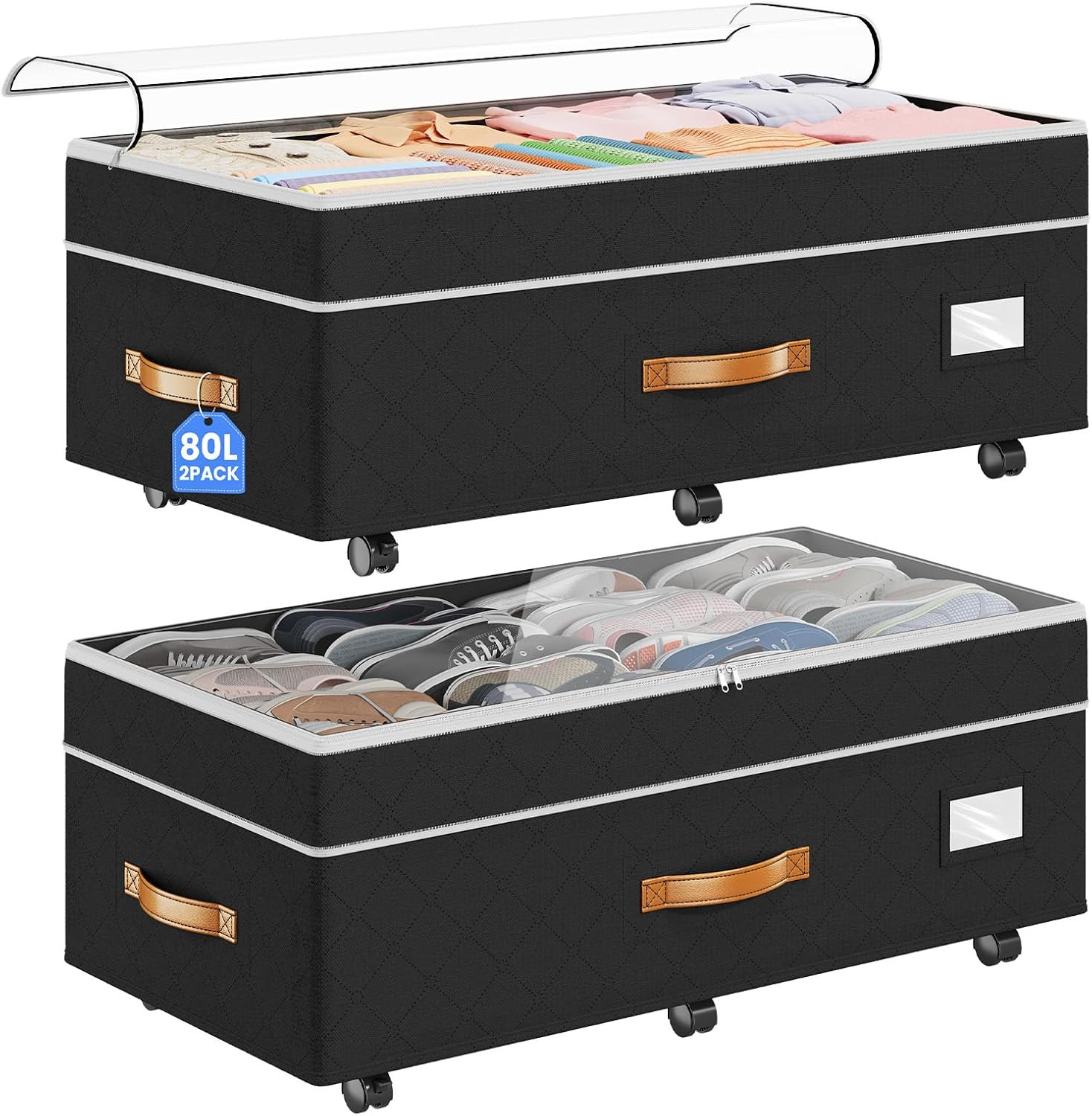 under Bed Storage with Wheels 2Pack, 80L Height Adjustable Underbed Containers w gallery