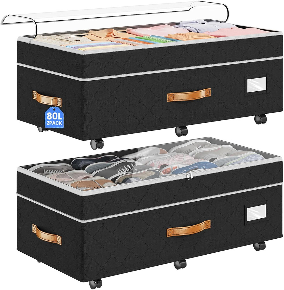 under Bed Storage with Wheels 2Pack, 80L Height Adjustable Underbed Containers w