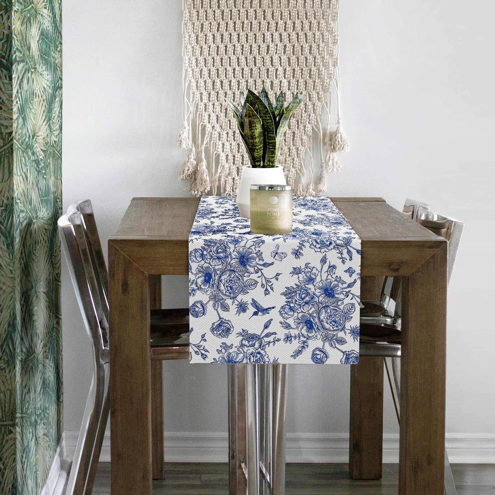 Snycler 13x48 Inch Table Runner Blue Monochrome 13" x 48", Sketch Flower gallery