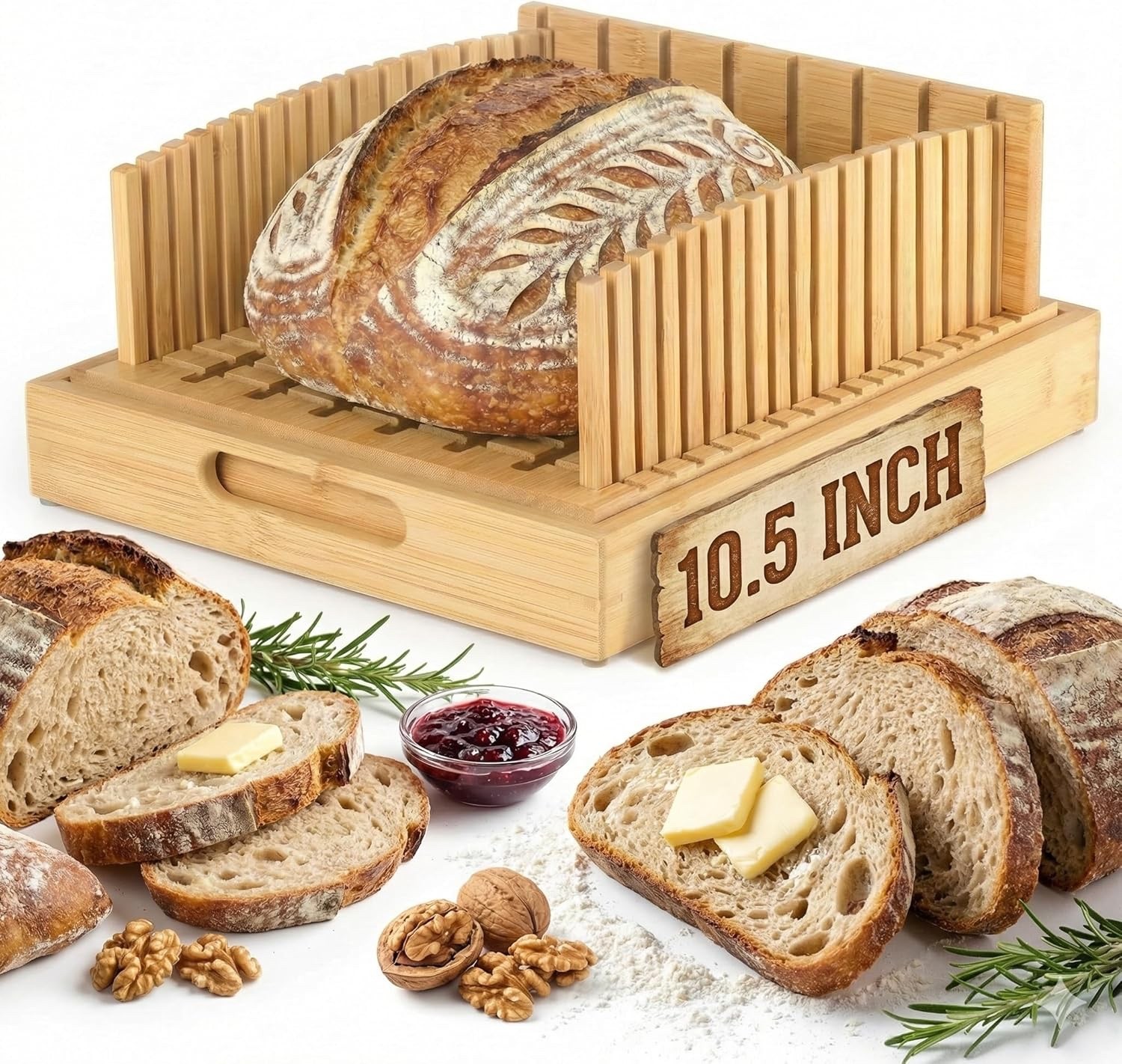 Bamboo Bread Slicer for Homemade Bread - Compact, includes crumb tray gallery