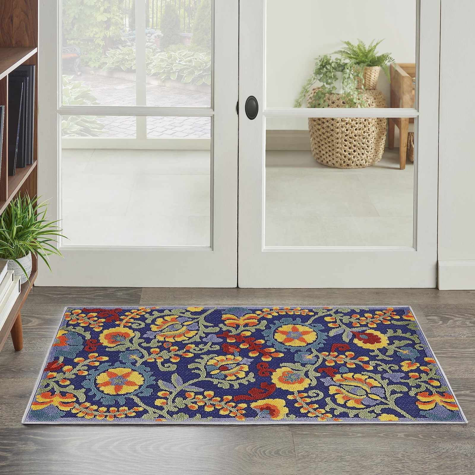 Navy Multicolor Floral Outdoor Rug 28X4 Soft Durable Easy Clean High Low Pile gallery