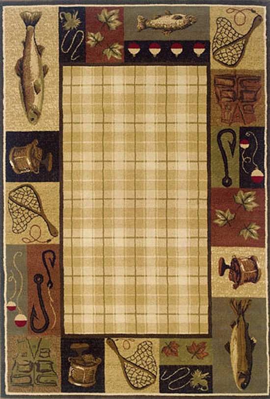 Beige Lodge Novelty Fish Plaid Bordered Area Rug 1065B - Aprx 6' 7" x 9' 6" gallery