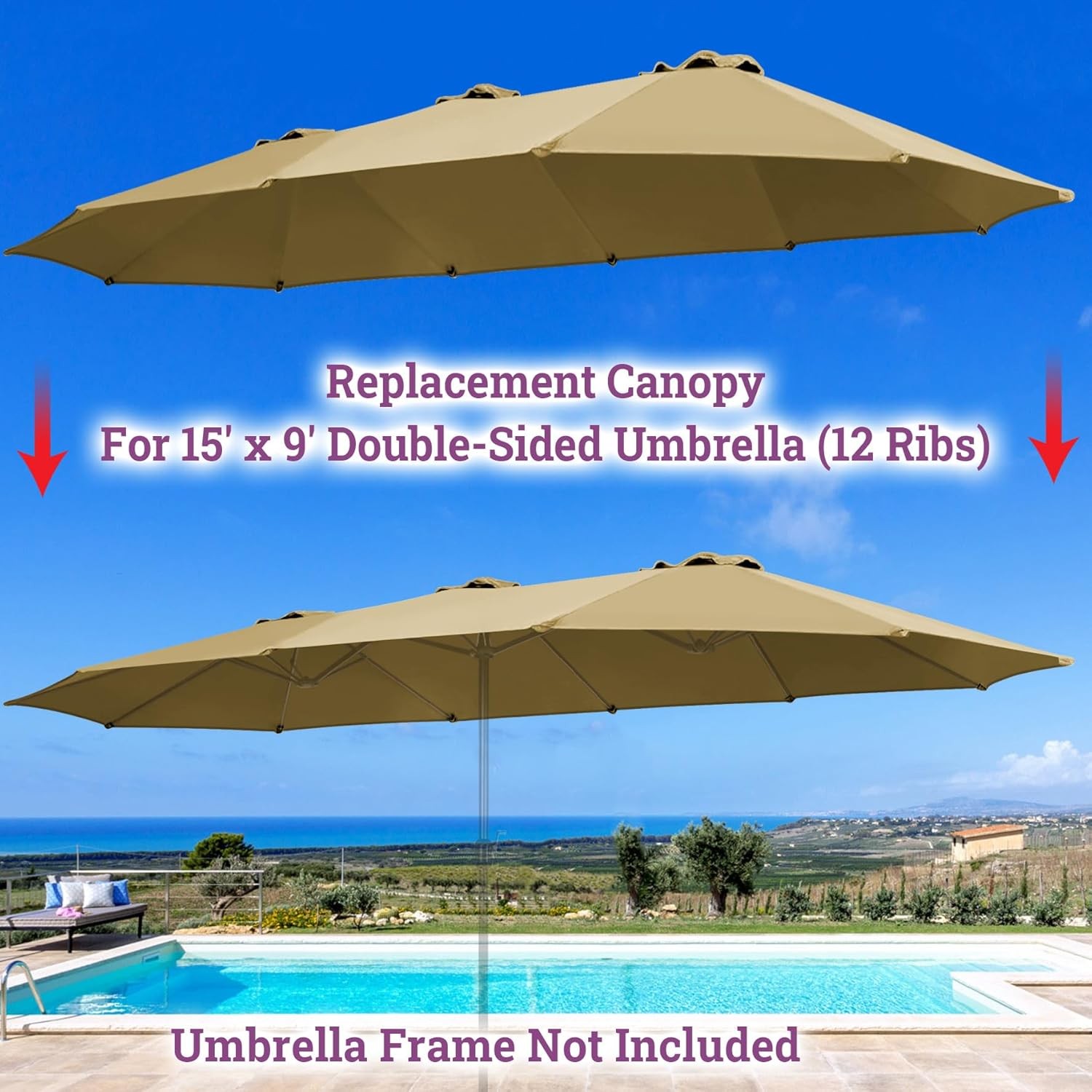 12 Ribs Umbrella Cover Canopy Replacement for 15' Double-Sided Patio Umbrella, gallery