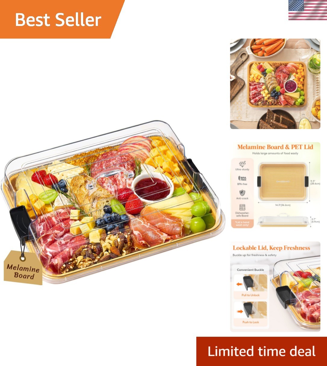 Dishwasher Safe 1-Compartment Charcuterie Serving Platter with Lockable Lid gallery