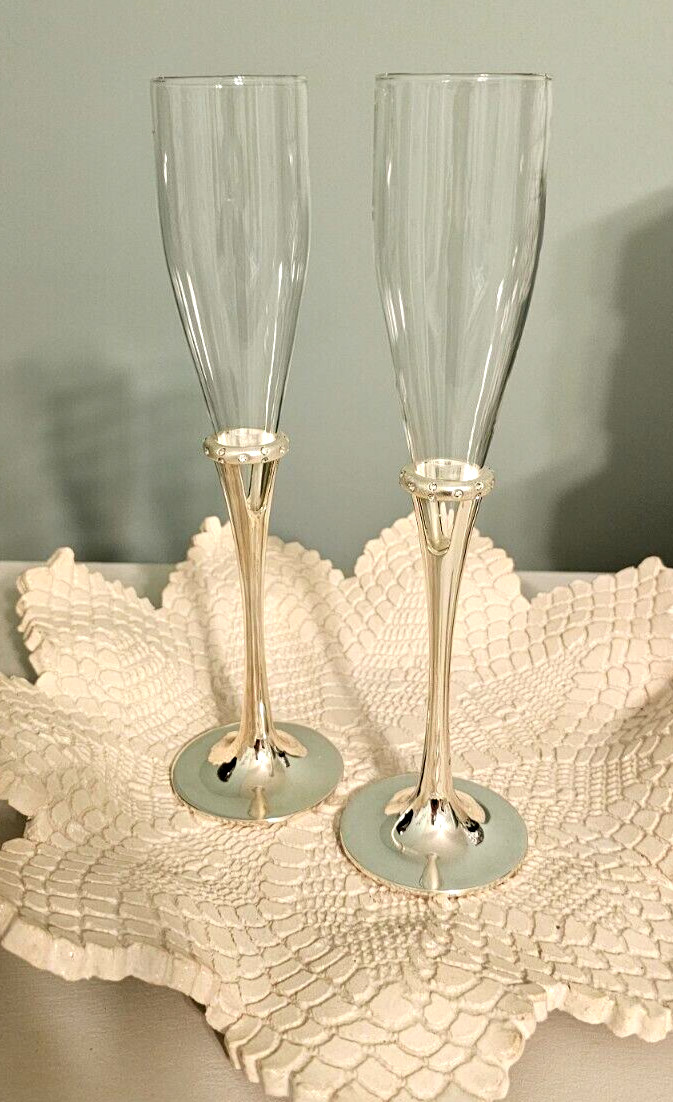 Lenox Devotion Wedding Champagne Glasses 2 Silver Plate Rhinestones Rings 9.5" gallery
