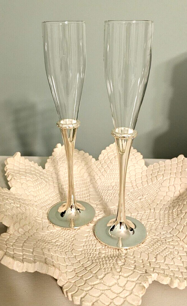 Lenox Devotion Wedding Champagne Glasses 2 Silver Plate Rhinestones Rings 9.5"