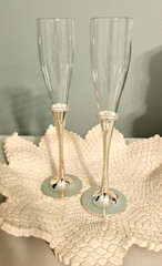 Lenox Devotion Wedding Champagne Glasses 2 Silver Plate Rhinestones Rings 9.5″