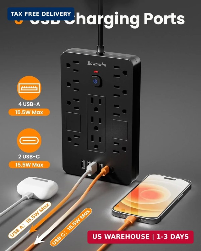 Surge Protector Power Strip - 8 Outlets(1850W/15A/14AWG) with 6 USB Ports(2 USB gallery