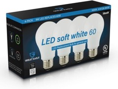 Great Eagle 60W Replacement A19 LED bulb: 2700K/3000K/4000K/5000K (4- or 8-Pack)