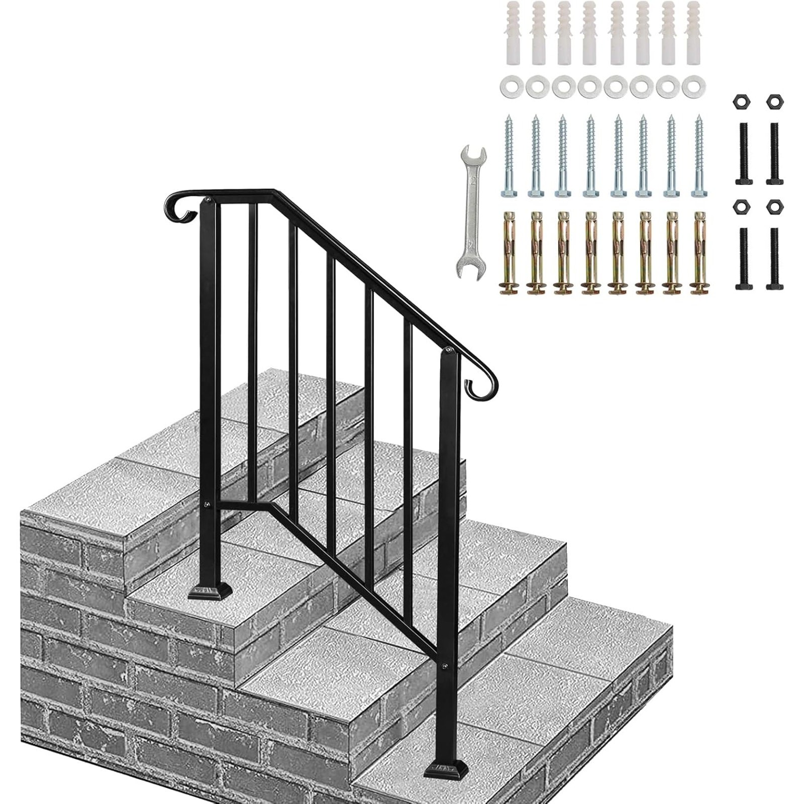 VINGLI Handrail for 2-3 Steps; Wrought Iron Railing Kit with 5 Balusters - Black gallery