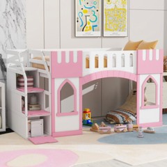 Playhouse Design Loft Bed with Storage Staircase and Window Twin Size Bed Frames