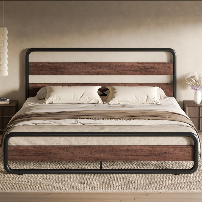 SHA CERLIN King Size Metal Bed Frame with Wooden Headboard and Footboard, He... gallery