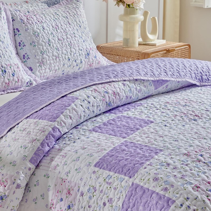 Patchwork Quilt Set Queen Size,3 Pieces Purple White Pink Floral Plaid Revers... gallery