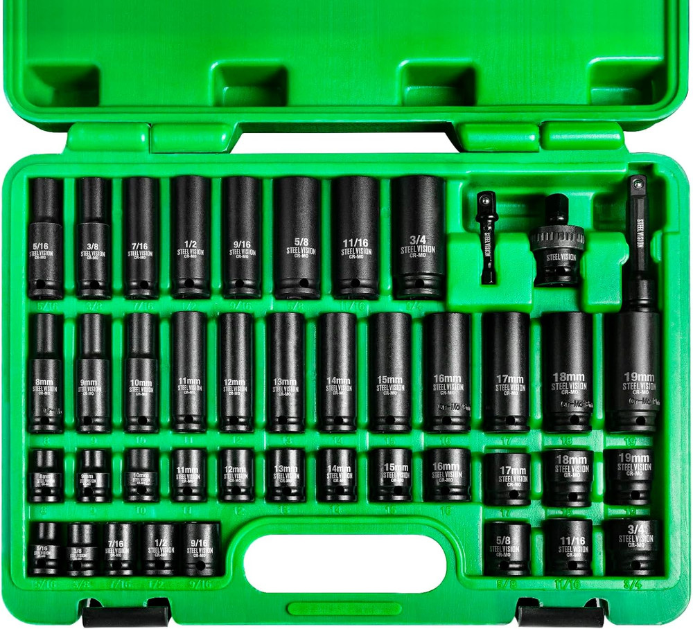 3/8" Drive Deep Impact Socket Set, 43-Piece Standard SAE (5/16-3/4 Inch) and Met